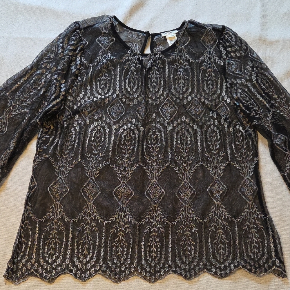 Ultra Pink Women's Sheer Black Metallic Embroidery Top Blouse Whimsy Fairy Goth